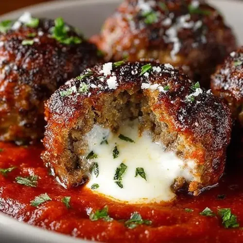 Mozzarella stuffed meatballs cooked in a slow cooker for a savory meal