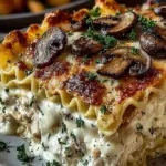 Mouthwatering Mushroom Chicken Alfredo Lasagna topped with cheese and herbs