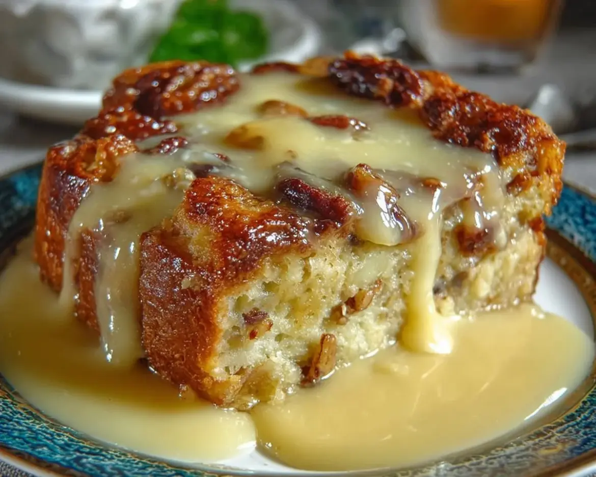 Delicious New Orleans style bread pudding served with sauce