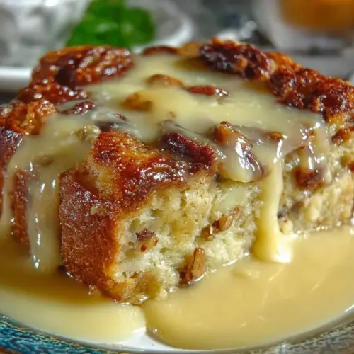 Delicious New Orleans style bread pudding served with sauce