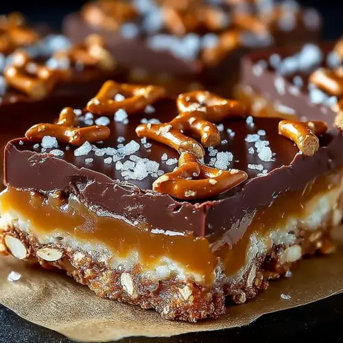 No bake caramel pretzel crack bars topped with chocolate and caramel drizzle