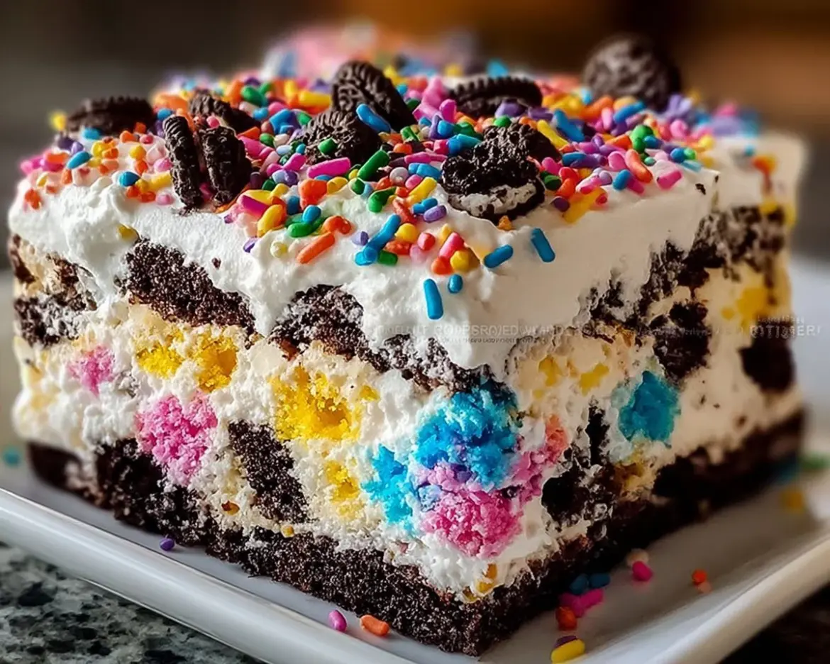 No-Bake Funfetti Oreo Icebox Cake topped with sprinkles and Oreos.