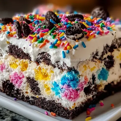 No-Bake Funfetti Oreo Icebox Cake topped with sprinkles and Oreos.