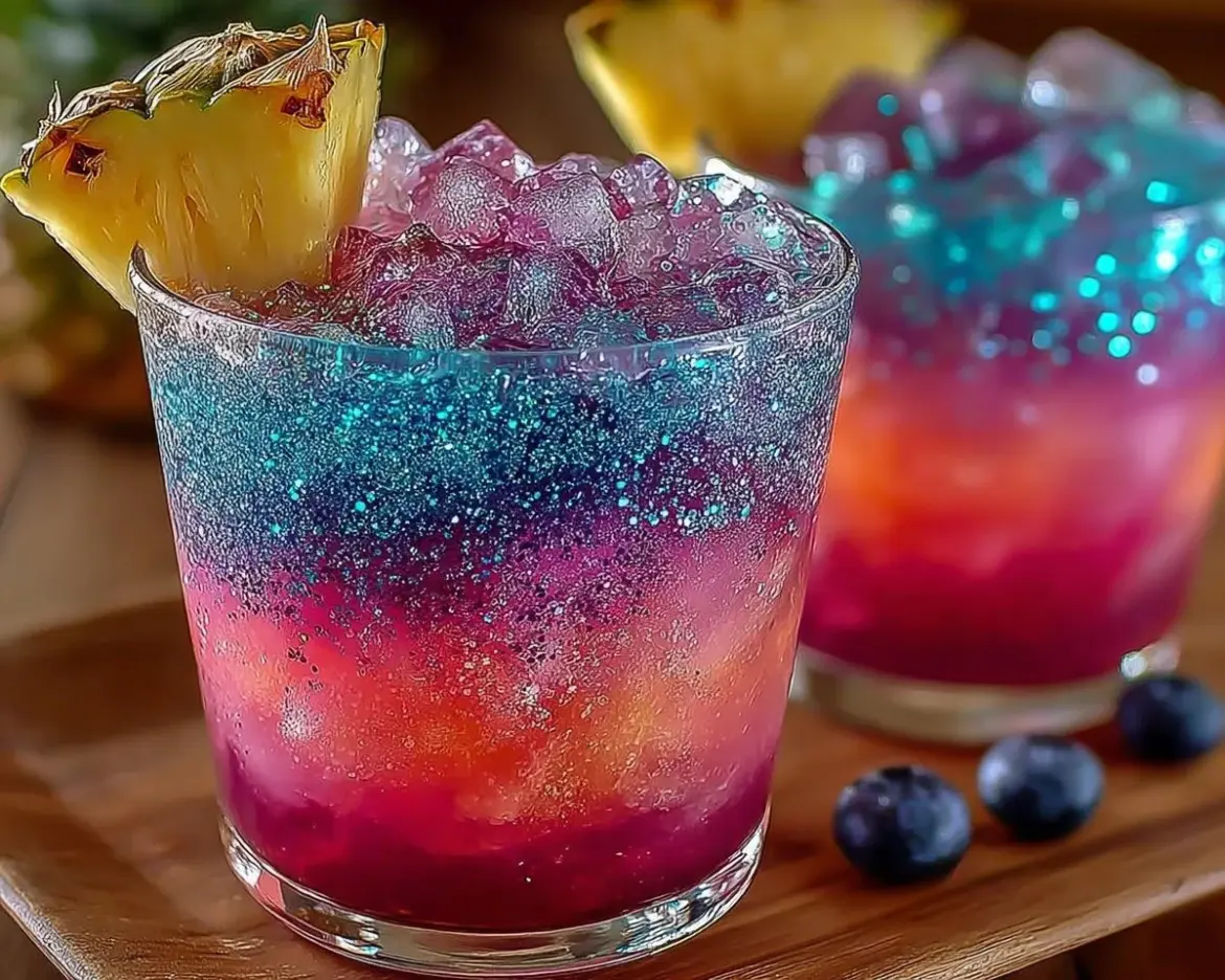Vivid Northern Lights Glow Punch served in a clear glass with colorful ice.