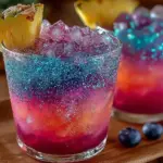 Vivid Northern Lights Glow Punch served in a clear glass with colorful ice.