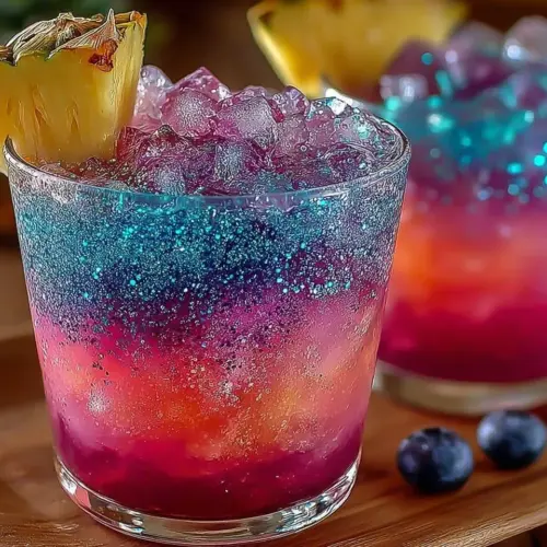 Vivid Northern Lights Glow Punch served in a clear glass with colorful ice.