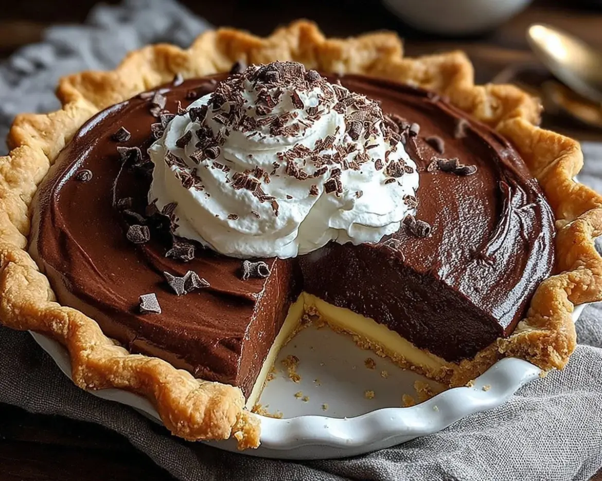 Delicious slice of old-fashioned chocolate pie on a plate