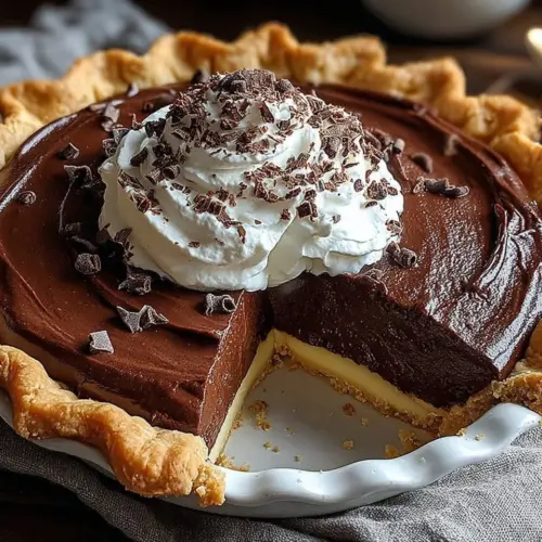Delicious slice of old-fashioned chocolate pie on a plate