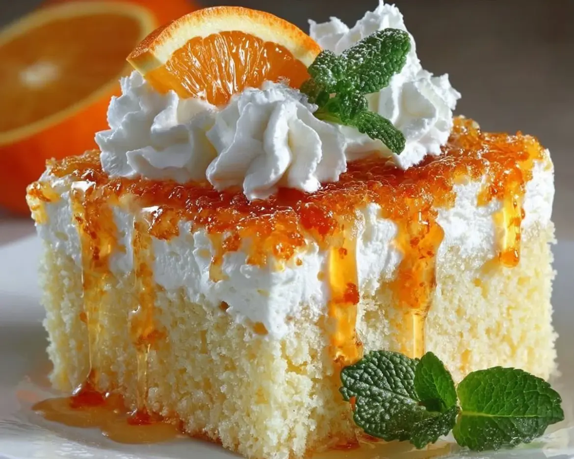 Slice of delicious Orange Dreamsicle Cake topped with orange zest and creamy frosting