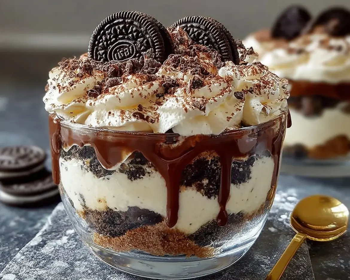 Oreo Tiramisu Trifle in a glass dish with layers of cookies and cream