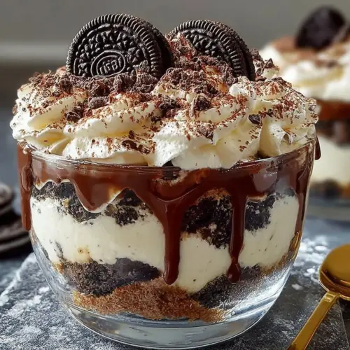 Oreo Tiramisu Trifle in a glass dish with layers of cookies and cream