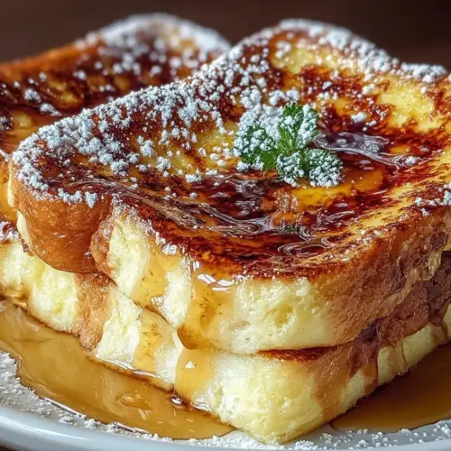 Plate of Overnight Crème Brûlée French Toast topped with caramelized sugar and fruits.