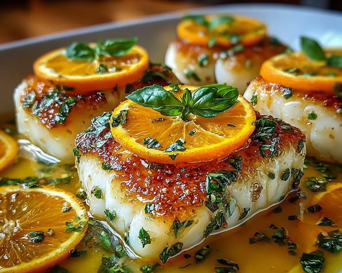 Pan fried cod served with citrus basil butter sauce on a white plate.