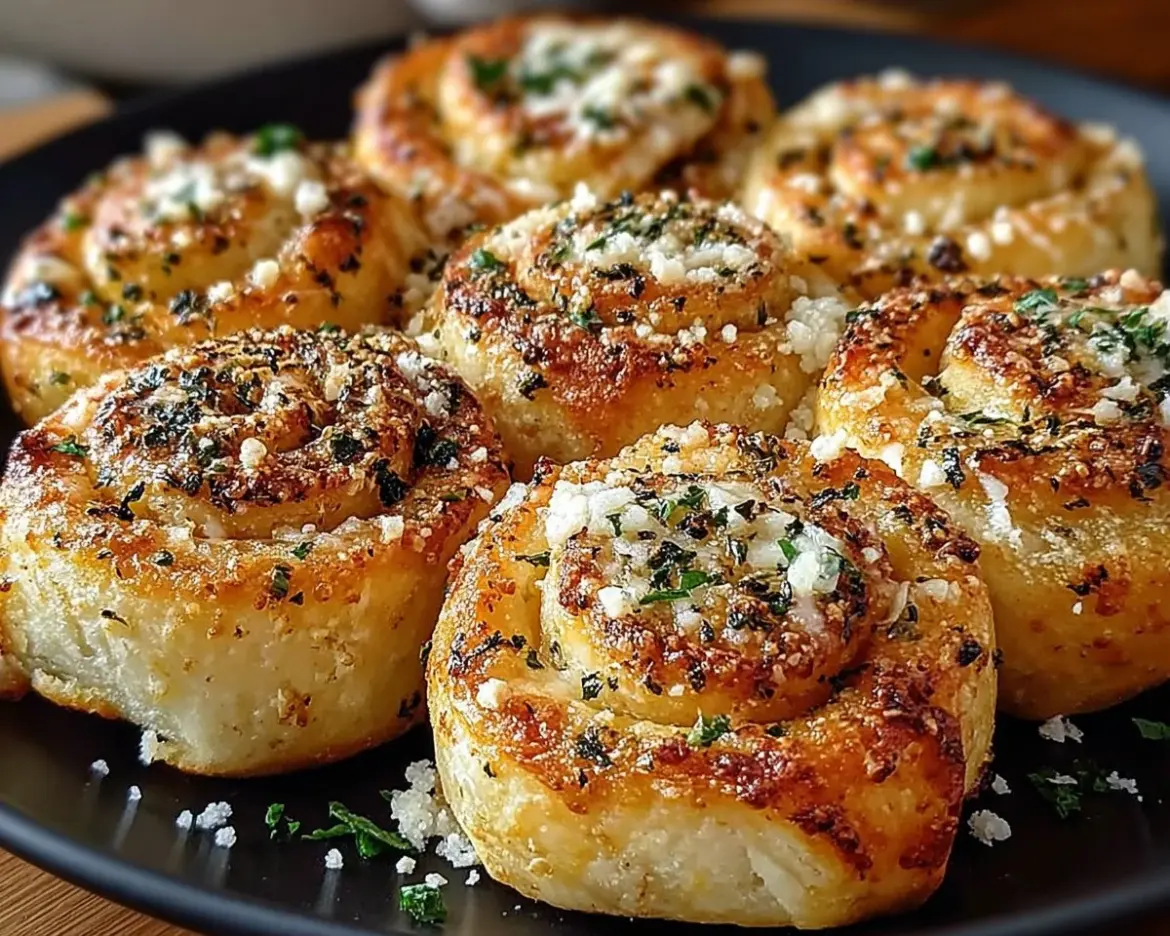 Delicious Parmesan Garlic Pizza Rolls on a plate with melted cheese