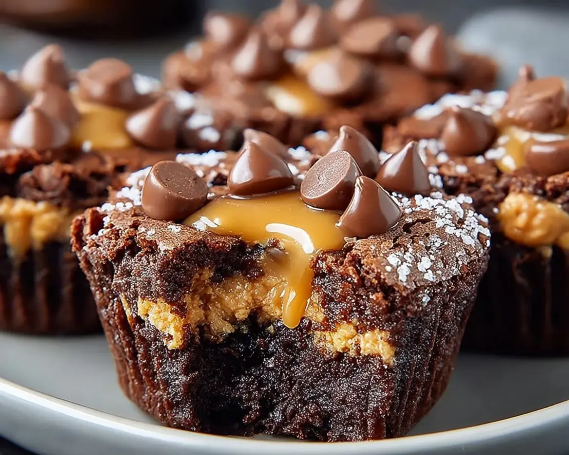 Delicious Peanut Butter Cup Brownies topped with chocolate and peanut butter.