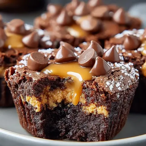 Delicious Peanut Butter Cup Brownies topped with chocolate and peanut butter.