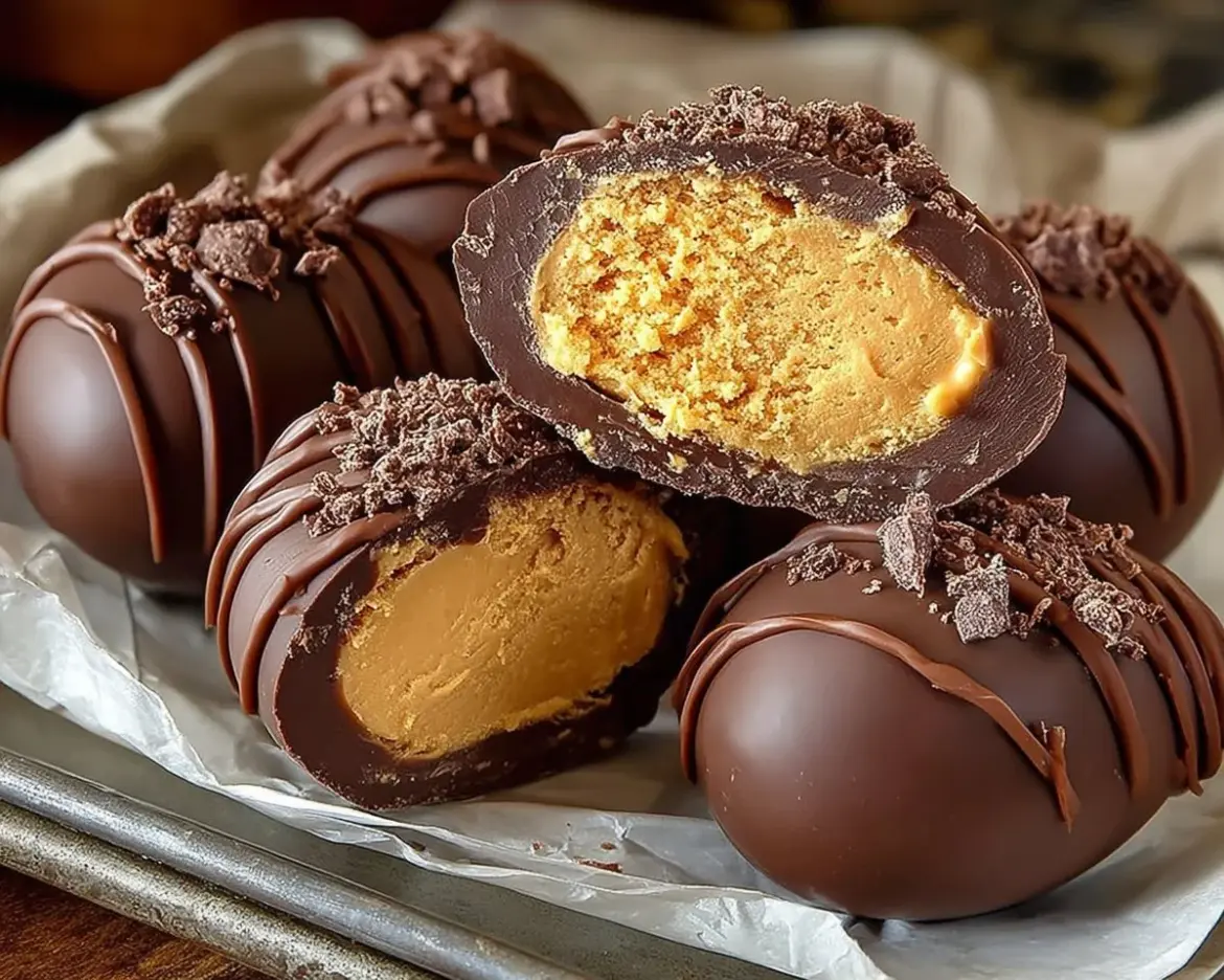 Delicious homemade Peanut Butter Eggs on a white plate
