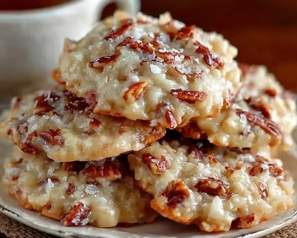Freshly baked Pecan Coconut Praline Cookies on a cooling rack.