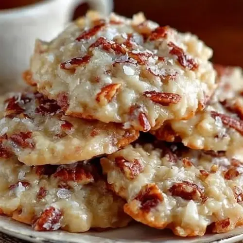 Freshly baked Pecan Coconut Praline Cookies on a cooling rack.