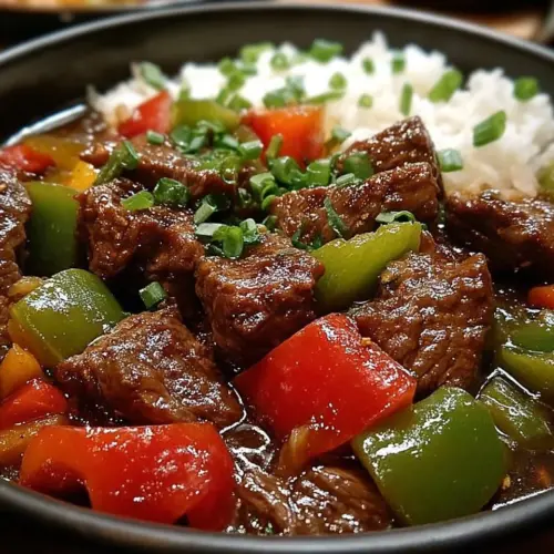 Delicious Pepper Steak cooked in a Crock Pot with vegetables and spices.