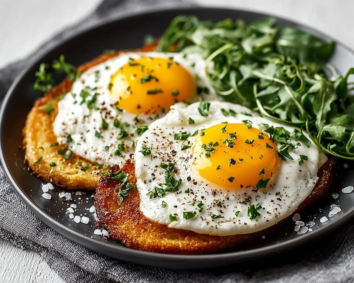 Plate of perfectly cooked over hard eggs with a side of vegetables
