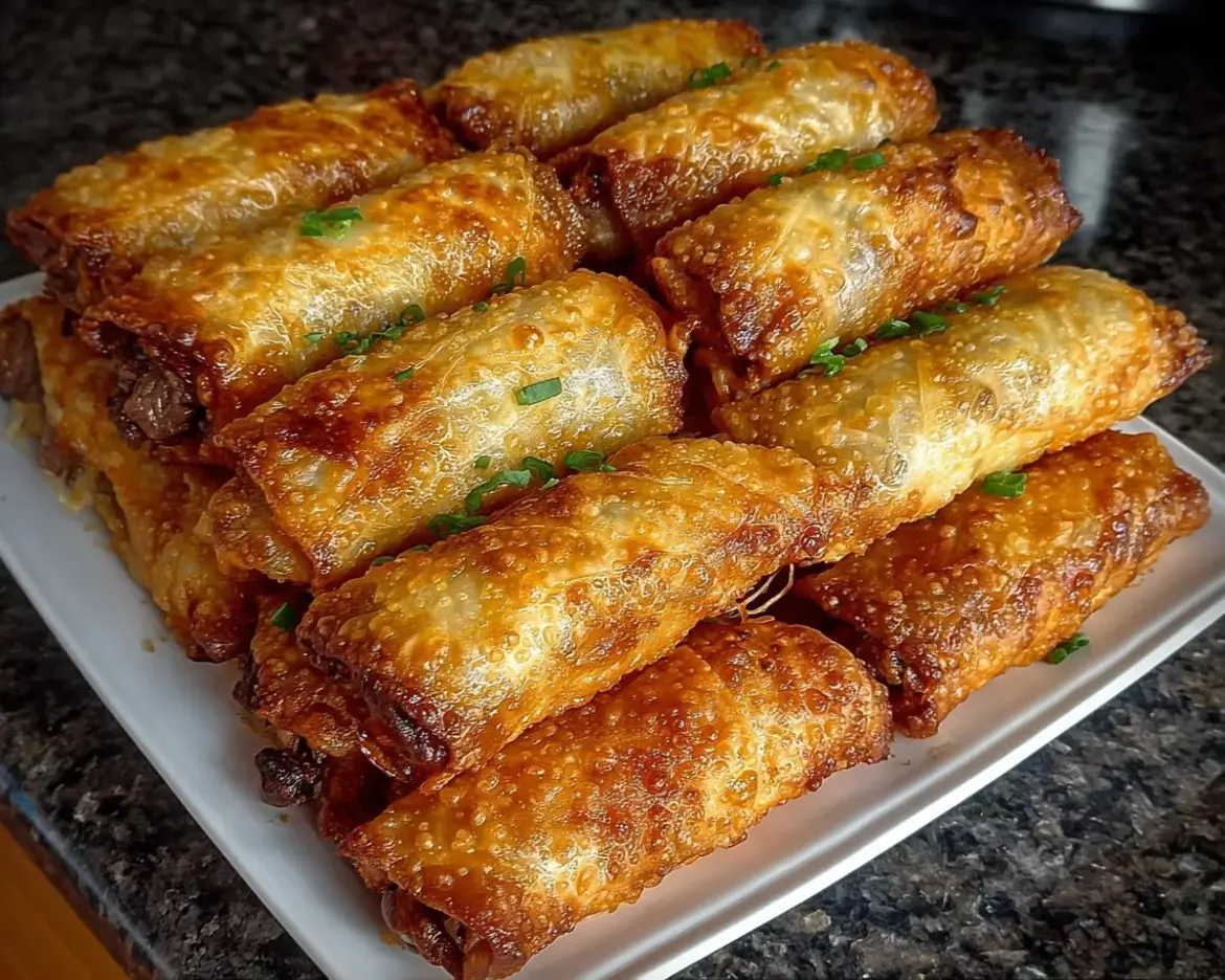 Philly cheesesteak egg rolls filled with steak, cheese, and peppers