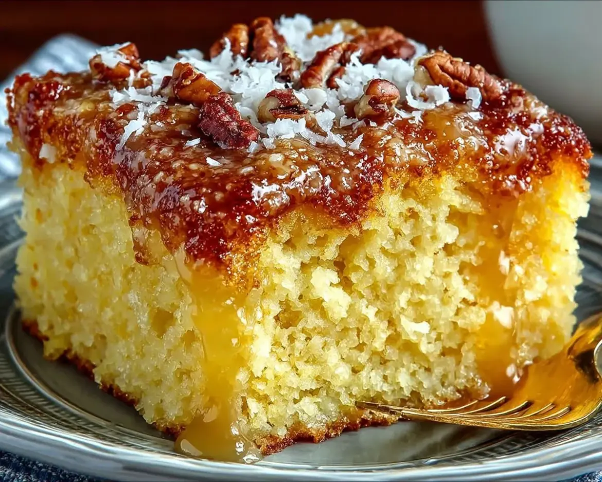 Delicious Pineapple Coconut Cake topped with fresh pineapple and coconut flakes.