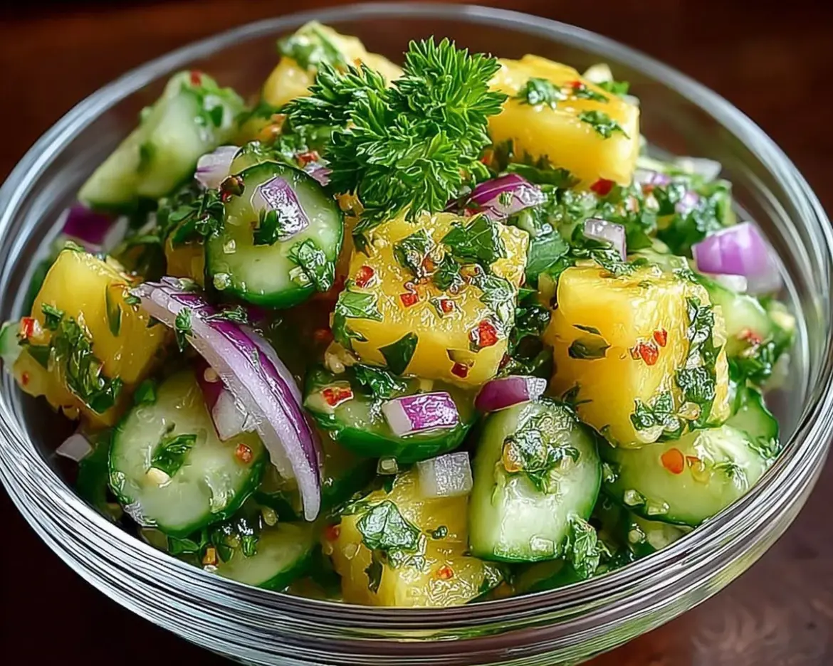 Fresh and vibrant pineapple cucumber salad served in a bowl