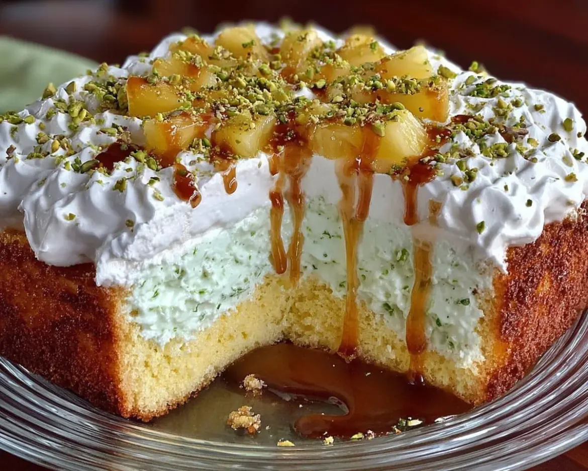 Delicious Pineapple Paradise Cake topped with fresh fruit and cream