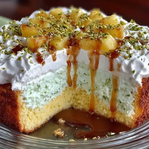 Delicious Pineapple Paradise Cake topped with fresh fruit and cream