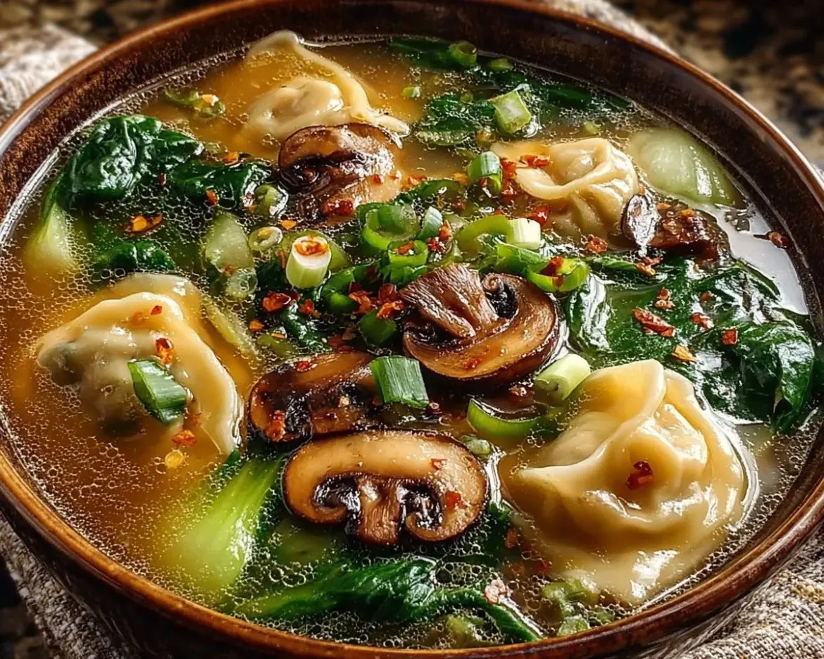 Delicious Potsticker Soup with Mushrooms and Bok Choy served in a bowl.