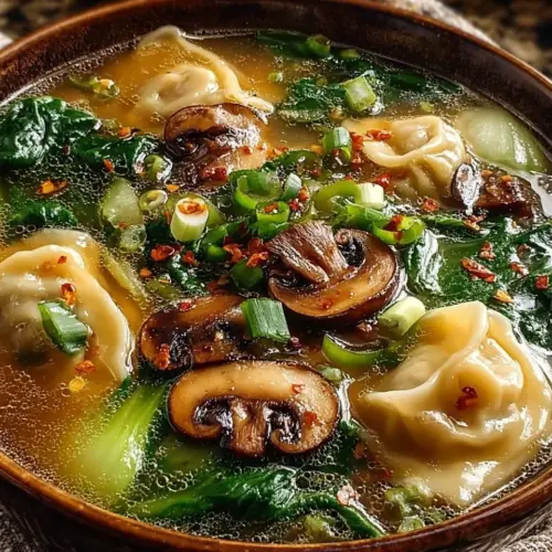 Delicious Potsticker Soup with Mushrooms and Bok Choy served in a bowl.