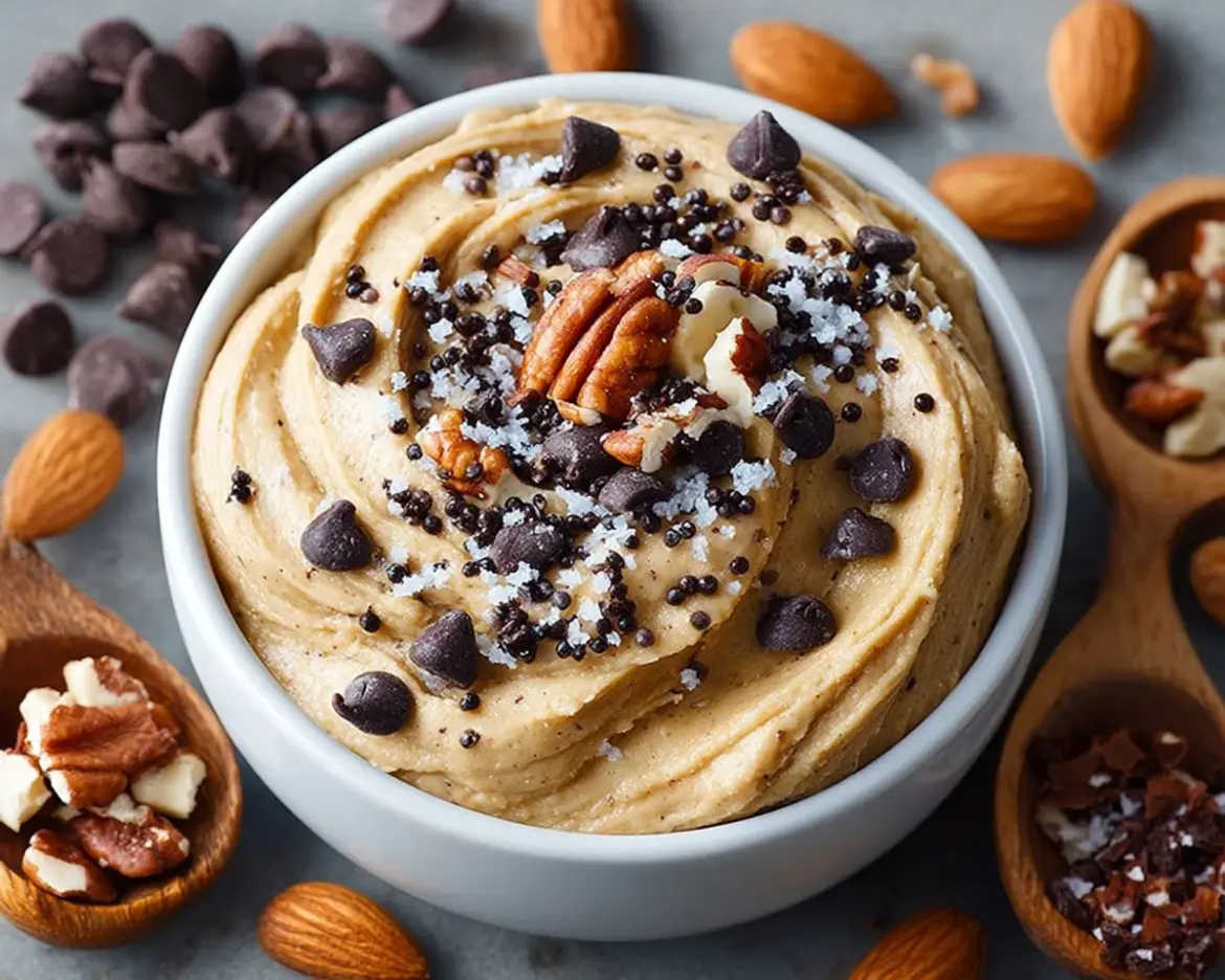 Delicious protein cookie dough in a bowl with chocolate chips and nuts