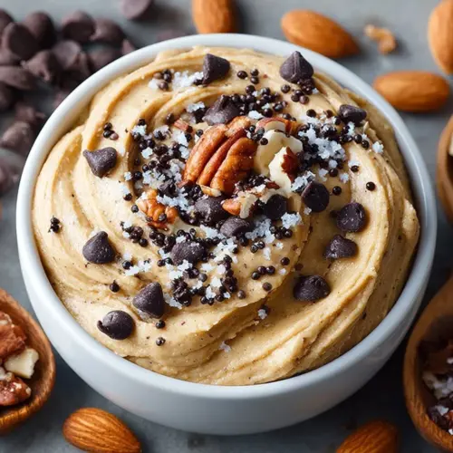 Delicious protein cookie dough in a bowl with chocolate chips and nuts