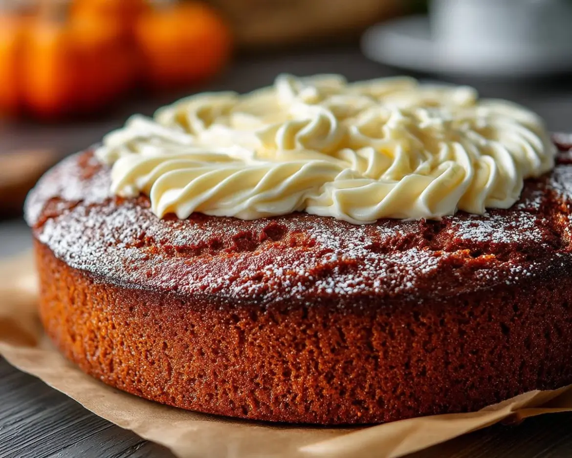 Delicious homemade Pumpkin Cake with cream cheese frosting and autumn spices