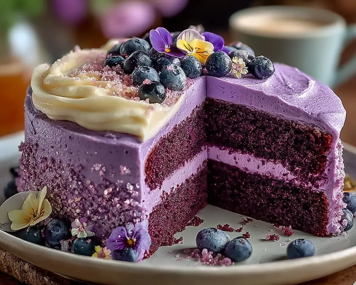 Delicious purple velvet cake with cream cheese frosting on a rustic wooden table