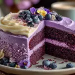 Delicious purple velvet cake with cream cheese frosting on a rustic wooden table