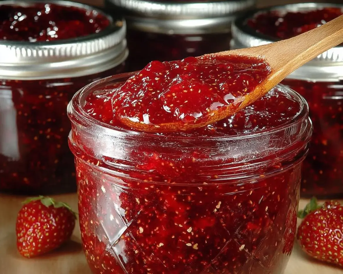 Homemade quick and easy strawberry jam in a jar with strawberries