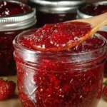 Homemade quick and easy strawberry jam in a jar with strawberries
