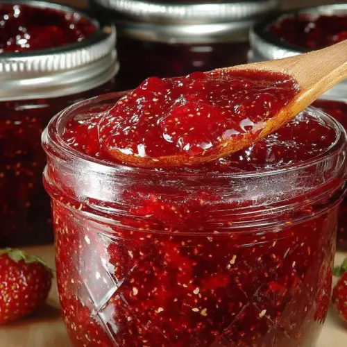 Homemade quick and easy strawberry jam in a jar with strawberries