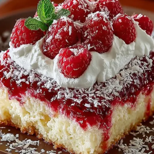 Homemade Raspberry Zinger Poke Cake topped with creamy frosting and raspberries