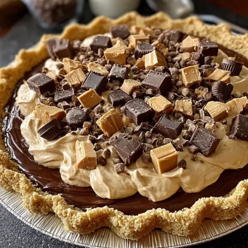 Reese's Peanut Butter Cookie Pie topped with chocolate and peanut butter drizzle.