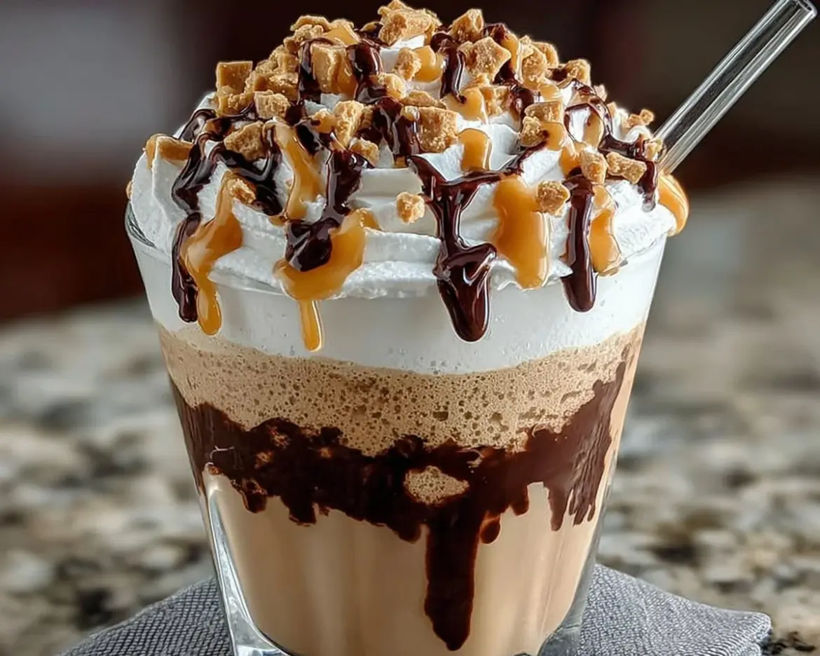 Delicious Reese's Peanut Butter Frappuccino topped with whipped cream and chocolate drizzle
