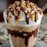 Delicious Reese's Peanut Butter Frappuccino topped with whipped cream and chocolate drizzle