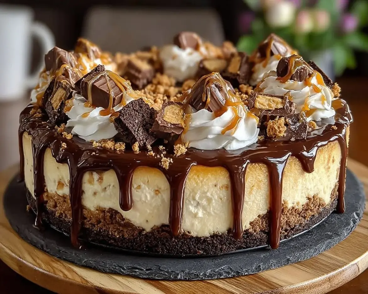 Reese's Radiant Rhapsody Cheesecake topped with chocolate and peanut butter layers.
