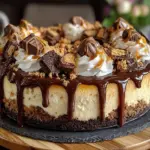 Reese's Radiant Rhapsody Cheesecake topped with chocolate and peanut butter layers.