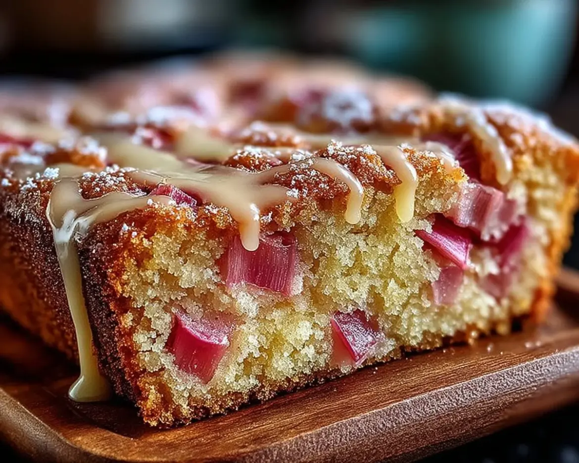 Slice of rhubarb cake with butter sauce served on a plate