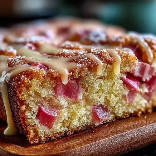 Slice of rhubarb cake with butter sauce served on a plate