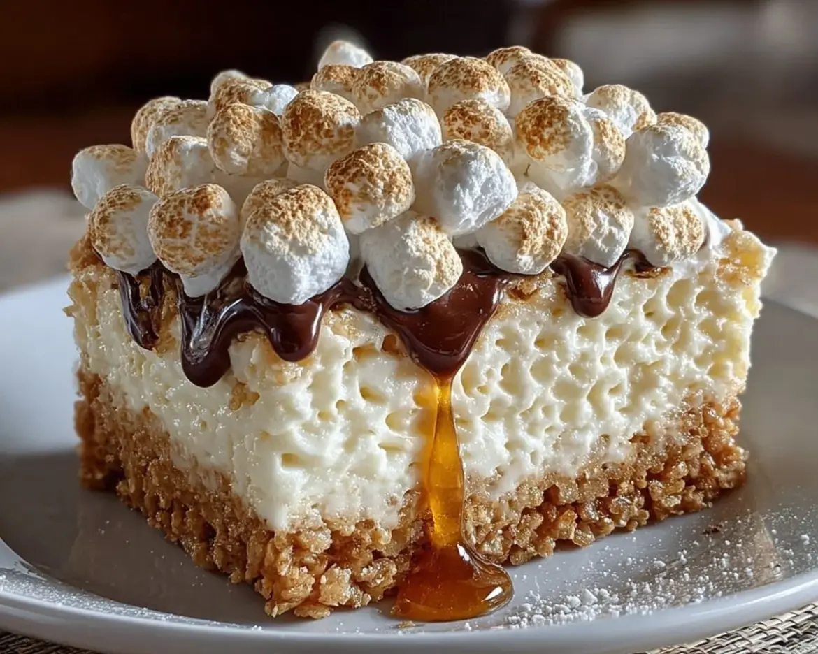 Rice Krispie Treat Cheesecake slices on a plate with colorful sprinkles