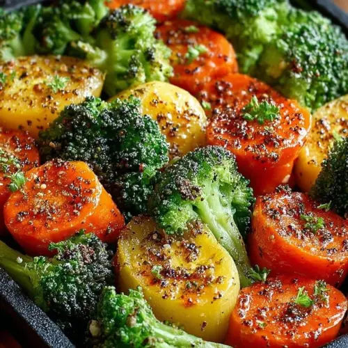 Plate of roasted broccoli and carrots, seasoned and ready to eat